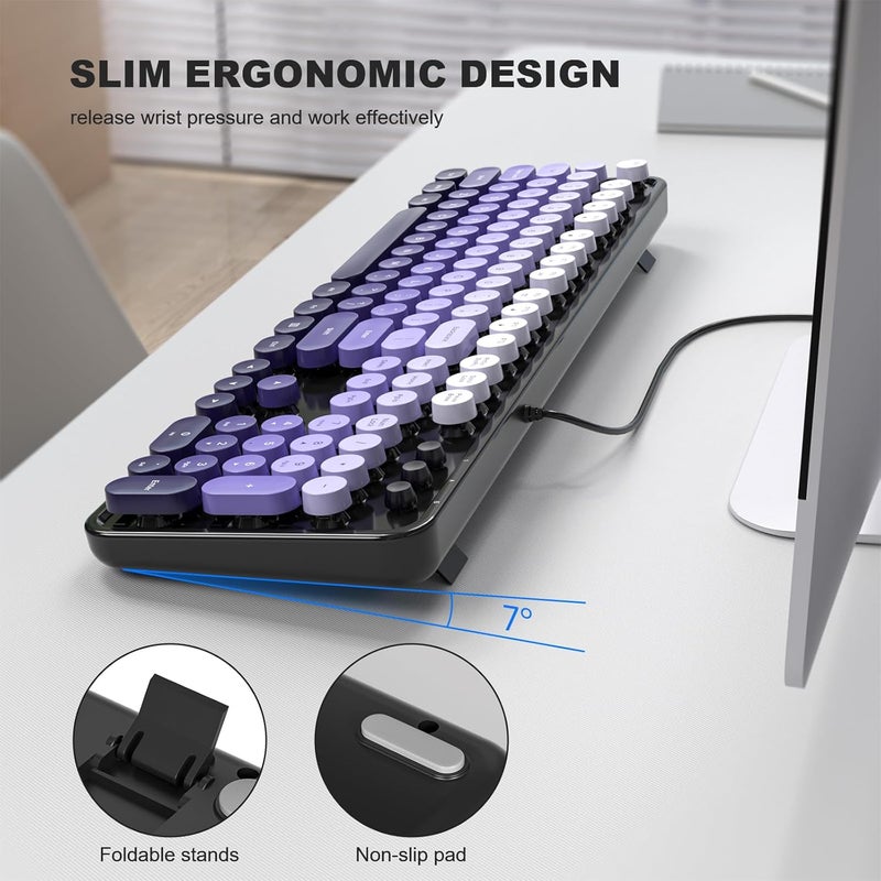 Atelus Computer Keyboard Wired, Retro USB Keyboard with Large Number Pad, Caps Indicators, Foldable Stands, Full Size Typewriter Keyboard for Windows PC Laptop (Black Purple) - Image 3